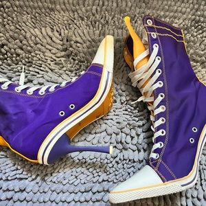 Anne Michelle High top Stiletto Sneakers Lakers Colors Purple and Gold Satin